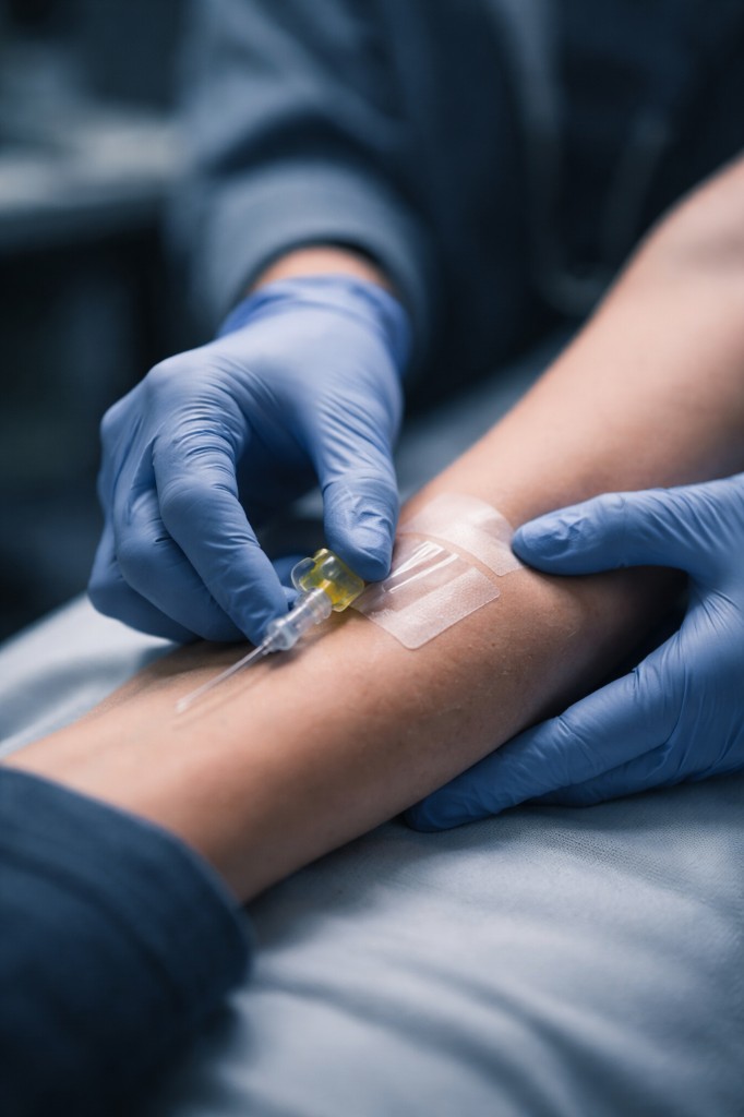 Gloved hands performing IV cannulation on a patient's forearm